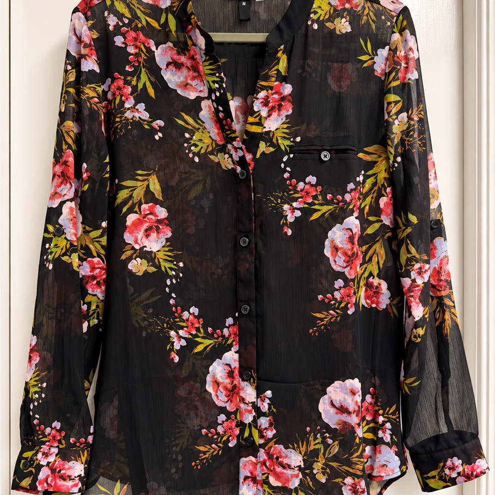 Kut for the Kloth Sheer Black Floral Button-Front Women’s Blouse